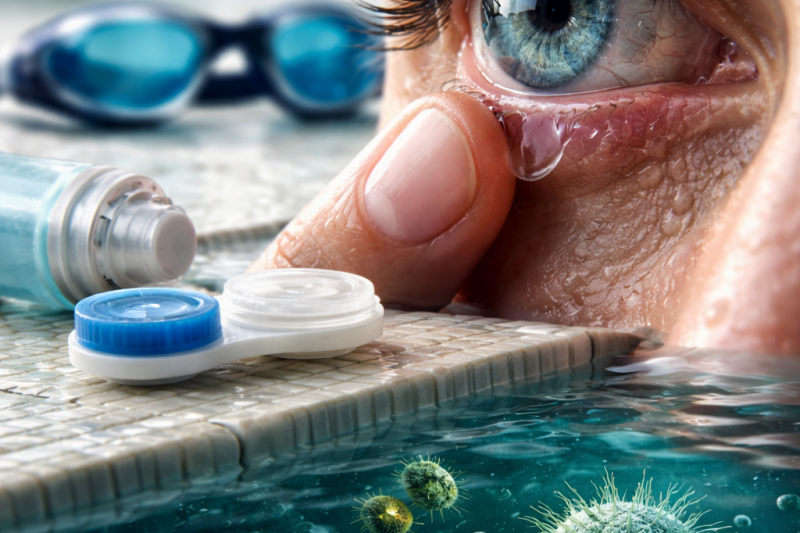 Is it safe to wear contact lenses in a pool